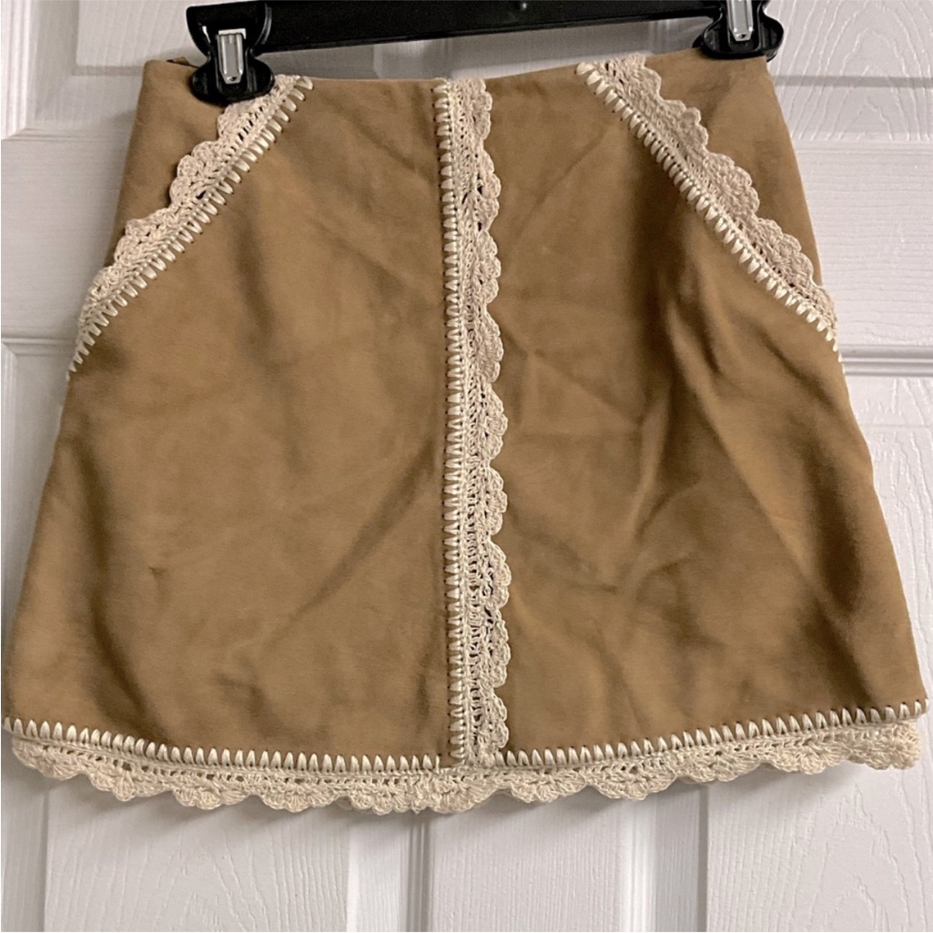 Jicoti Crochet Trim Suede Skirt